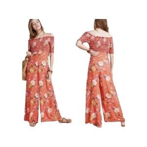 Farm Rio x Anthropologie Jumpsuit XL Red Coral Floral Smocked Off Shoulder Boho